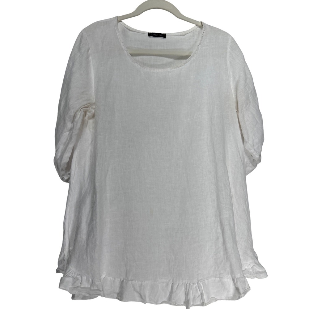 Made in Italy White 100% Linen Ruffle Hem Roll Tab Sleeve Tunic Top 19" W 28" L